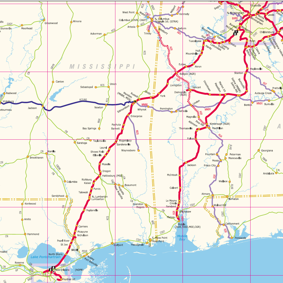 NS System map from Birmingham, AL to New Orleans, LA